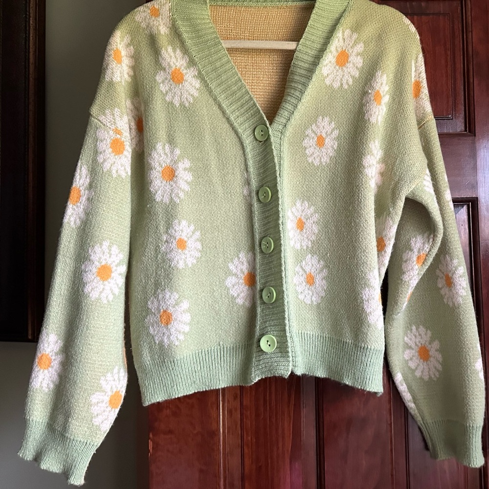 Floral Print Cardigan Long Sleeve Open Front Button Down V Neck Knitted Sweaters - Picture 4 of 6